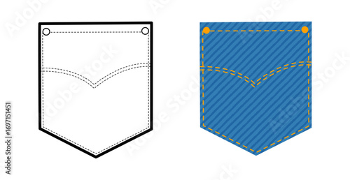 Traditional Jeans Angled Jeans Top-stitched Patch Pocket technical fashion illustration. Flat apparel line template and color. Women, men unisex style item CAD mockup isolated on white background 