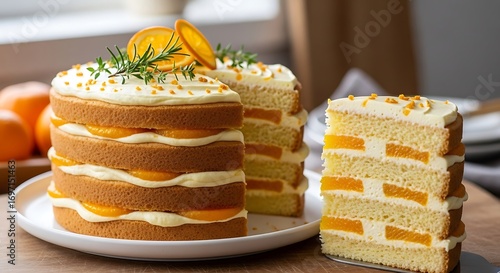 Tall layered orange cake with creamy frosting and fresh fruit