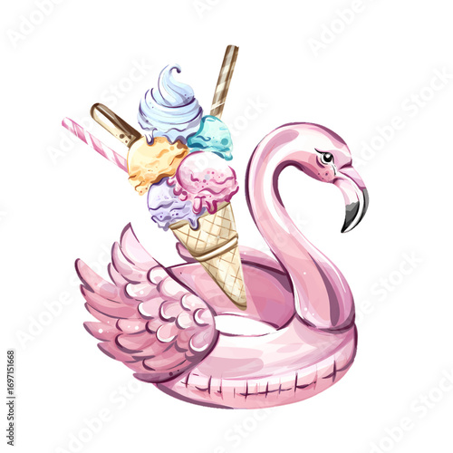 Summer bliss with a pink flamingo float and colorful ice cream delights for unforgettable beach memories and joyful celebrations