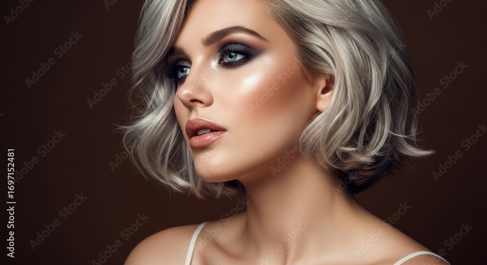 Fototapeta premium A striking portrait of a woman with short, wavy blonde hair and dramatic eye makeup