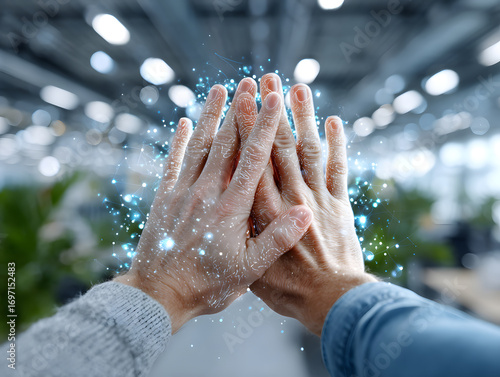 Hands Clasped Together with Digital Sparkles in Modern Indoor Environment