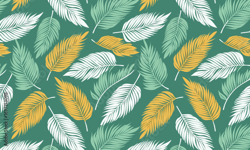 Seamless pattern with hand-drawn engraved feathers. Luxury bohemian style background with detailed linework of falling feathers or fronds in yellow, white and green on a dark teal backdrop