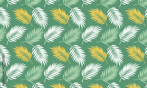 Seamless pattern with hand-drawn engraved feathers. Luxury bohemian style background with detailed linework of falling feathers or fronds in yellow, white and green on a dark teal backdrop