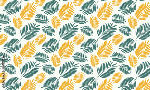 Seamless tropical pattern with hand-drawn etched palm fronds and leaves, Exotic botanical vector background in vibrant orange and teal colors