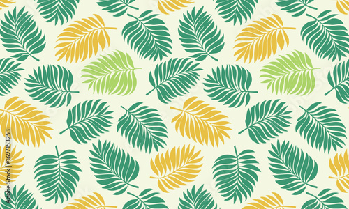 Seamless tropical pattern with hand-drawn etched palm fronds and leaves, Exotic botanical vector background in vibrant orange and teal colors