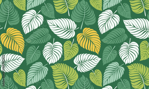 Seamless tropical pattern with hand-drawn Monstera deliciosa leaves, Exotic jungle background in a modern block print style, Vector botanical illustration with green and yellow philodendron plants