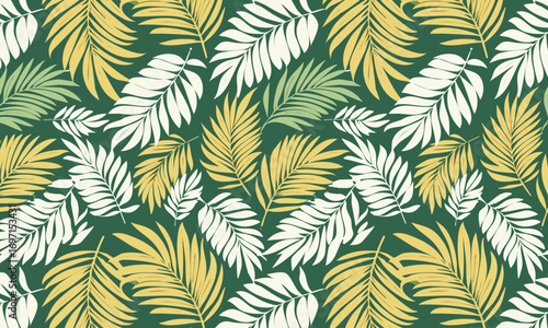 Seamless tropical pattern with hand-drawn palm leaves. Elegant summer background with graphic illustration of exotic fronds in yellow, white, and mint on a green backdrop