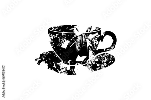Vector Distressed teacup with floral accents.