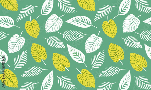 Seamless tropical pattern with hand-drawn Monstera deliciosa leaves, Exotic jungle background in a modern block print style, Vector botanical illustration with green and yellow philodendron plants