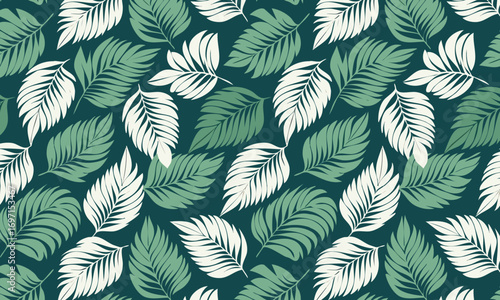 Seamless tropical pattern with elegant hand-drawn palm leaves. Luxury nature background with graphic fronds in shades of green and white on a dark teal backdrop