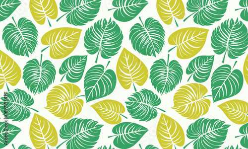 Seamless tropical pattern with hand-drawn Monstera deliciosa leaves, Exotic jungle background in a modern block print style, Vector botanical illustration with green and yellow philodendron plants