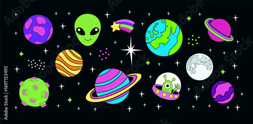 Psychedelic space trippy sticker set. Alien, spaceship and planets. Space travel and exploration.