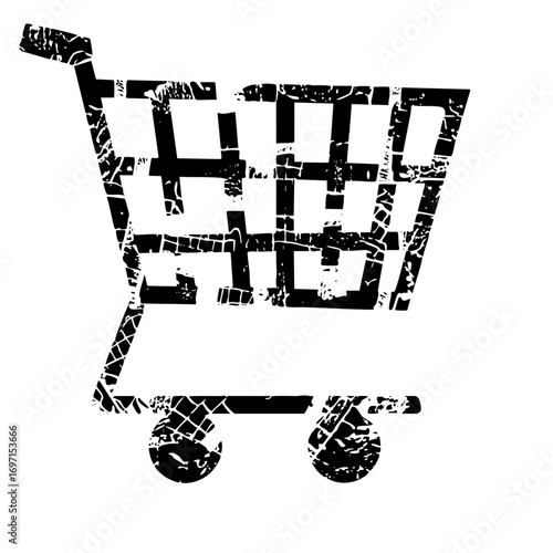 Vector Distressed shopping cart represents retail and consumerism.