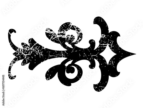 Vector Intricate black floral scroll with distressed texture.