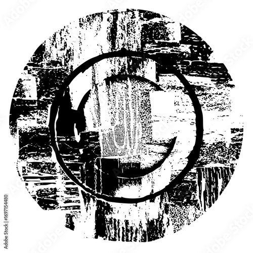 Vector Distressed circular features a smiling face .