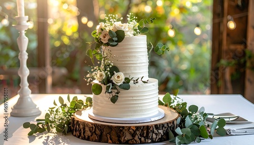 Elegant wedding cake adorned with flowers