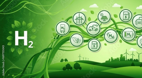 An illustration depicting hydrogen energy and its applications in a green landscape