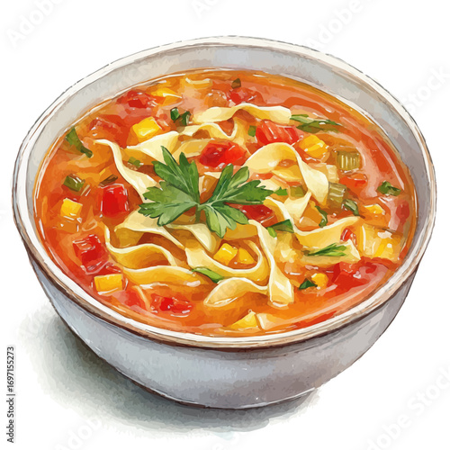 Chicken Noodle Soup, watercolor illustration vector, isolated on a white background.