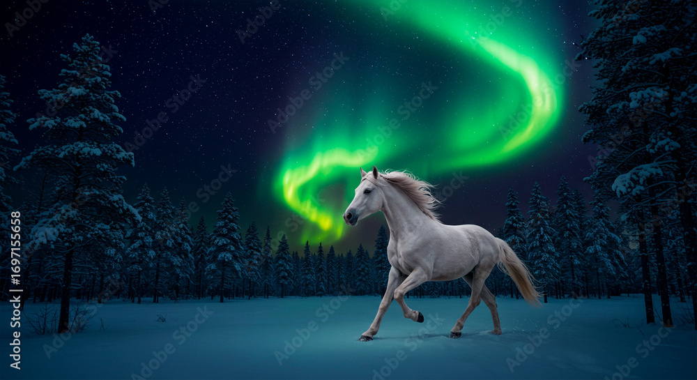 Fototapeta premium A majestic white horse running through a snowy forest under the breathtaking green Northern Lights, a magical winter landscape