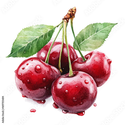 Cherry, watercolor illustration vector, isolated on a white background.