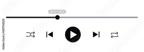 Simple media player controller vector with a progress bar and navigation icons. User interface design for a website or application featuring audio playback functions