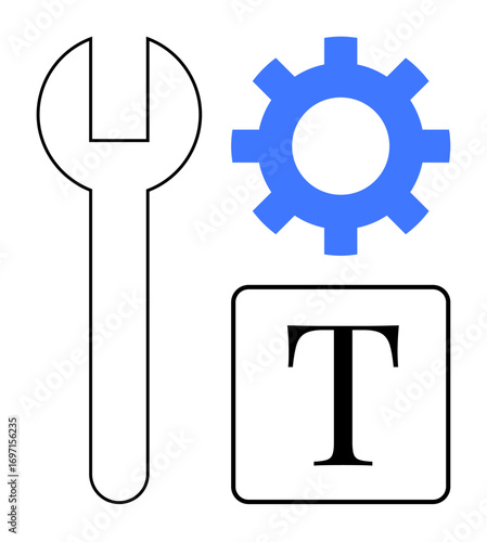 Wrench, blue gear, and typography icon representing tools, settings, customization, mechanics, text, design and innovation. Ideal for tech creativity engineering troubleshooting branding UIUX
