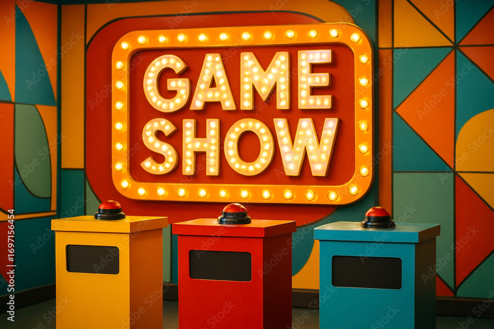 custom made wallpaper toronto digitalBright retro game show scene with lit signage and vibrant contestant podiums in colorful room