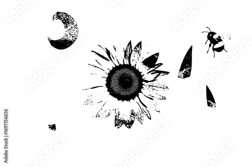 Vector Botanical featuring a sunflower bee and moon.
