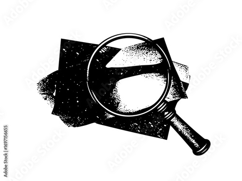 Vector Magnifying glass examines a crumpled map revealing hidden details.
