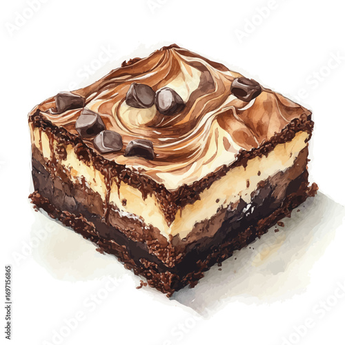 Cheesecake Brownie, watercolor illustration vector, isolated on a white background.