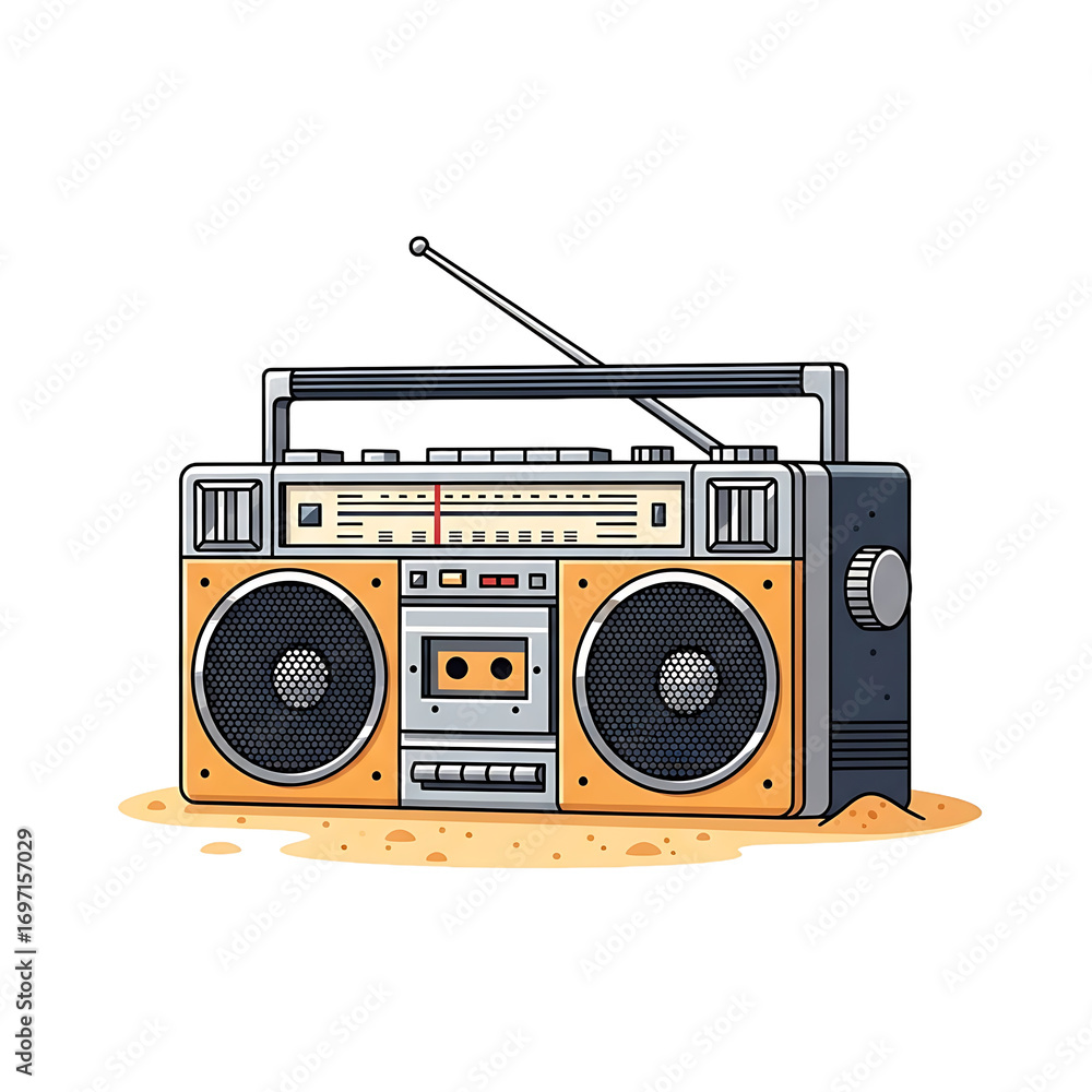 Obraz premium Retro Orange Boombox on Sand with Antenna and Cassette Player, Transparent Background