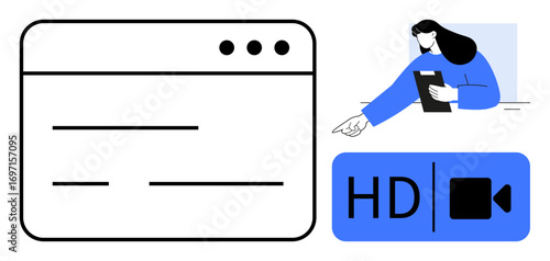 Web interface layout with HD video button and professional woman holding a clipboard, pointing out details. Ideal for video conferencing, collaboration, UI design, education, tutorials, teamwork