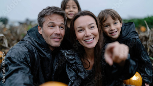 A joyful family poses for a photo at a pumpkin patch, highlighting the warmth of togetherness and the joy of seasonal activities, surrounded by pumpkins and nature.