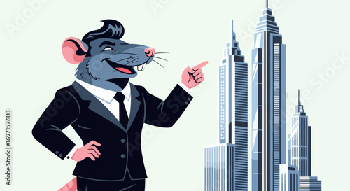 A cartoon rat in a dark suit with slicked hair smiles and points at a cluster of tall modern skyscrapers
