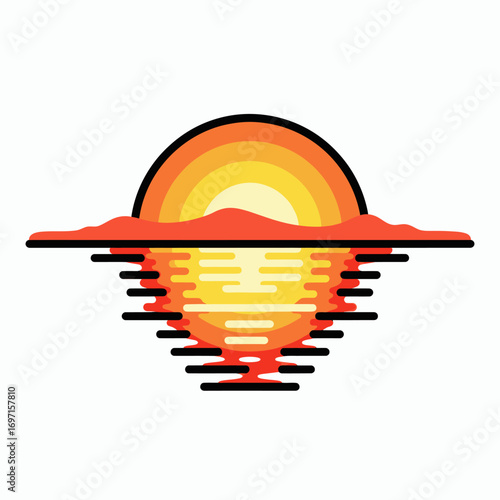 A graphic illustration of a sunrise or sunset over a body of water with land silhouettes and reflections