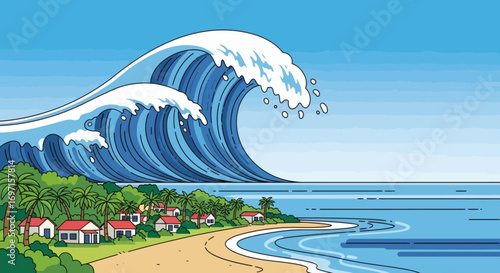 A giant blue tsunami wave crashing towards a tropical beach with palm trees and small houses under a clear sky