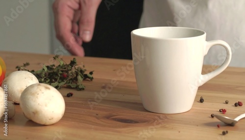 Preparing a warm and nourishing mushroom broth in a simple white mug