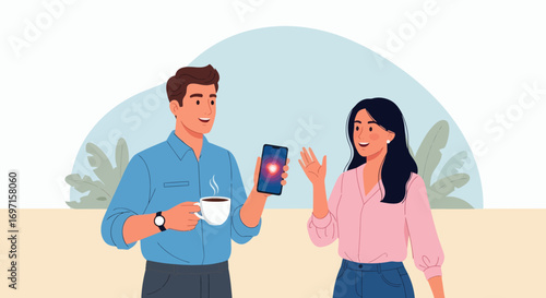 A smiling man holds a steaming coffee cup and a smartphone with a glowing heart while a woman in pink waves against a blue and beige background with plants