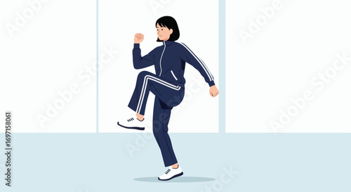 A person in a blue tracksuit with white stripes performs a high knee exercise on a light blue floor