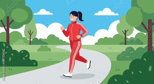 A smiling woman in a red tracksuit jogs on a winding path through a green park under a blue sky