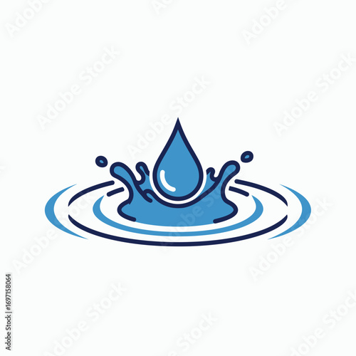 A stylized blue water drop falling creating a splash and concentric ripples on a white background