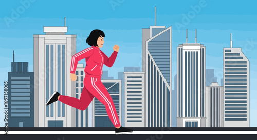A smiling person in a red tracksuit runs past a modern city skyline with tall buildings under a blue sky