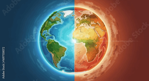 A stylized globe split vertically showing one half as a vibrant healthy Earth and the other as a hot parched planet
