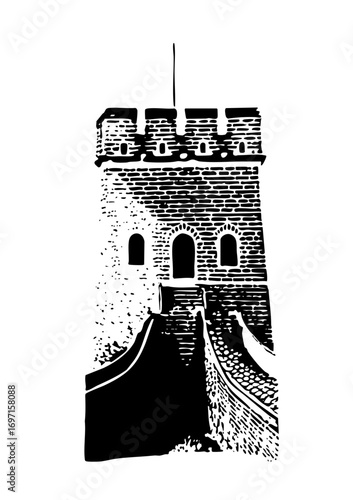 Vector Detailed of a medieval tower with arched openings.