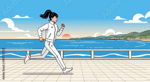 A woman in a white tracksuit runs on a tiled promenade by the sea with mountains and a sunset
