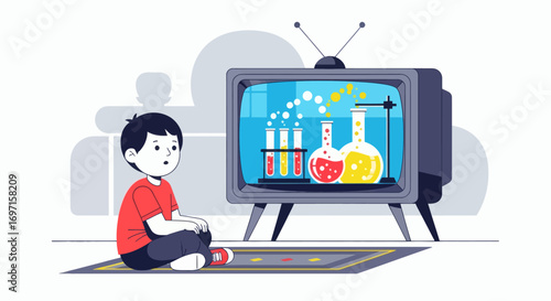 A young boy sits on a rug watching an old television displaying a science experiment with beakers and test tubes