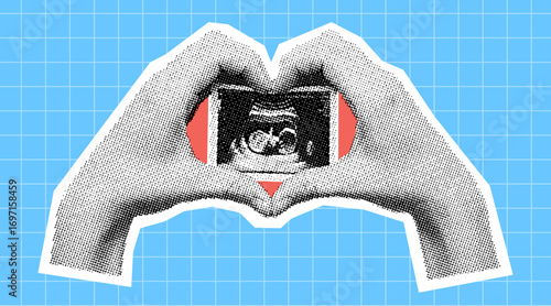 hands forming a heart shape with an ultrasound fetus scan in retro halftone style illustration