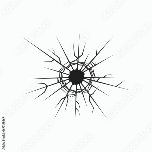Black impact hole with radial cracks simulating shattered glass centered on a plain white background