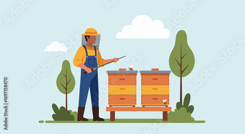 Beekeeper in protective gear tending to two wooden beehives outdoors with trees bushes and clouds under a blue sky
