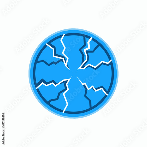 Blue disk featuring sharp white cracks radiating from its core outlined in darker blue on a white canvas